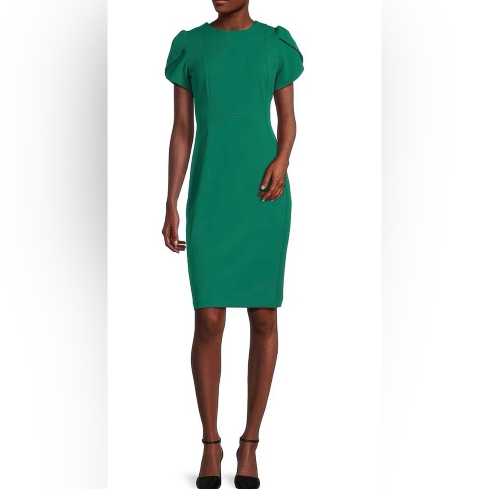 Calvin Klein Scuba Crepe Short Petal Sleeve Crew Neck Sheath Dress, size 10 - Picture 1 of 16